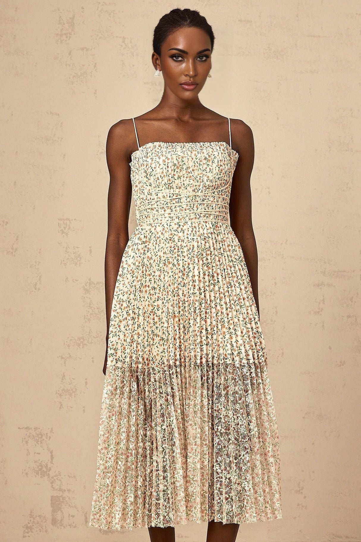 Allison Floral Midi Dress - Square Neck - Pleated Detailing - Spaghetti Straps - Rear Zip Fastening