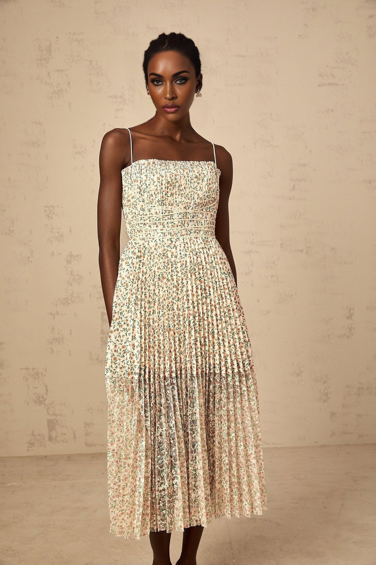 Allison Floral Midi Dress - Square Neck - Pleated Detailing - Spaghetti Straps - Rear Zip Fastening