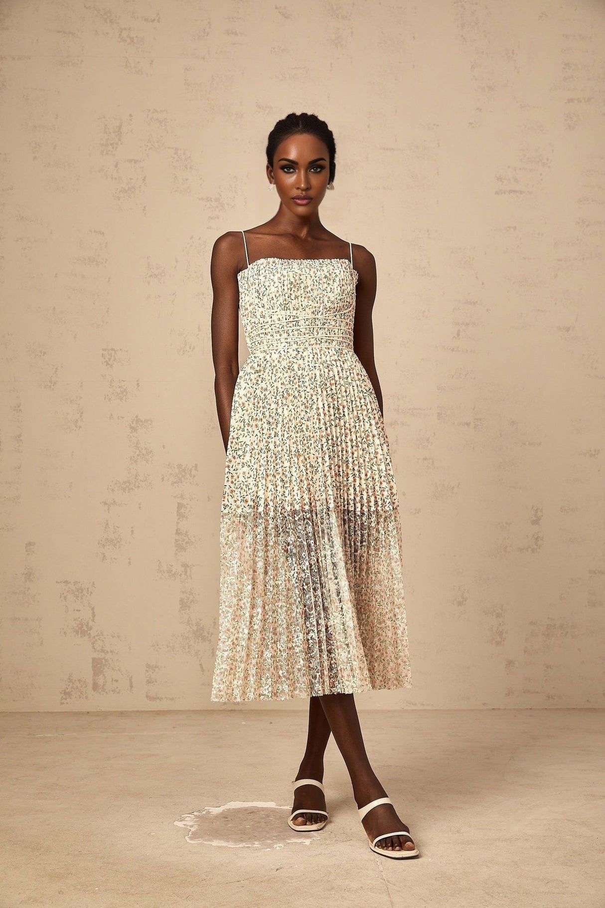 Allison Floral Midi Dress - Square Neck - Pleated Detailing - Spaghetti Straps - Rear Zip Fastening