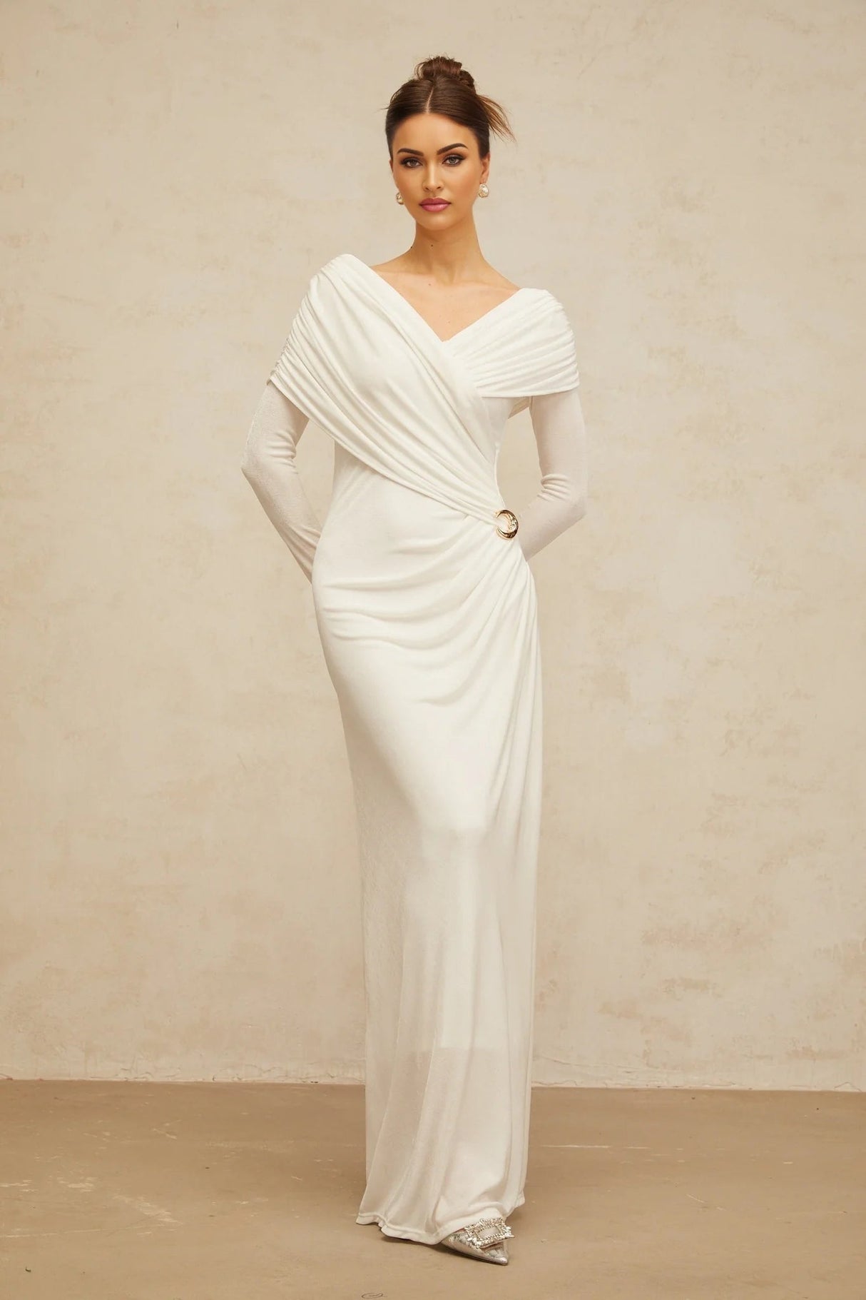 Allison Maxi Dress White Ruched Fitted Buckle Detailing Zip Fastening Elegance