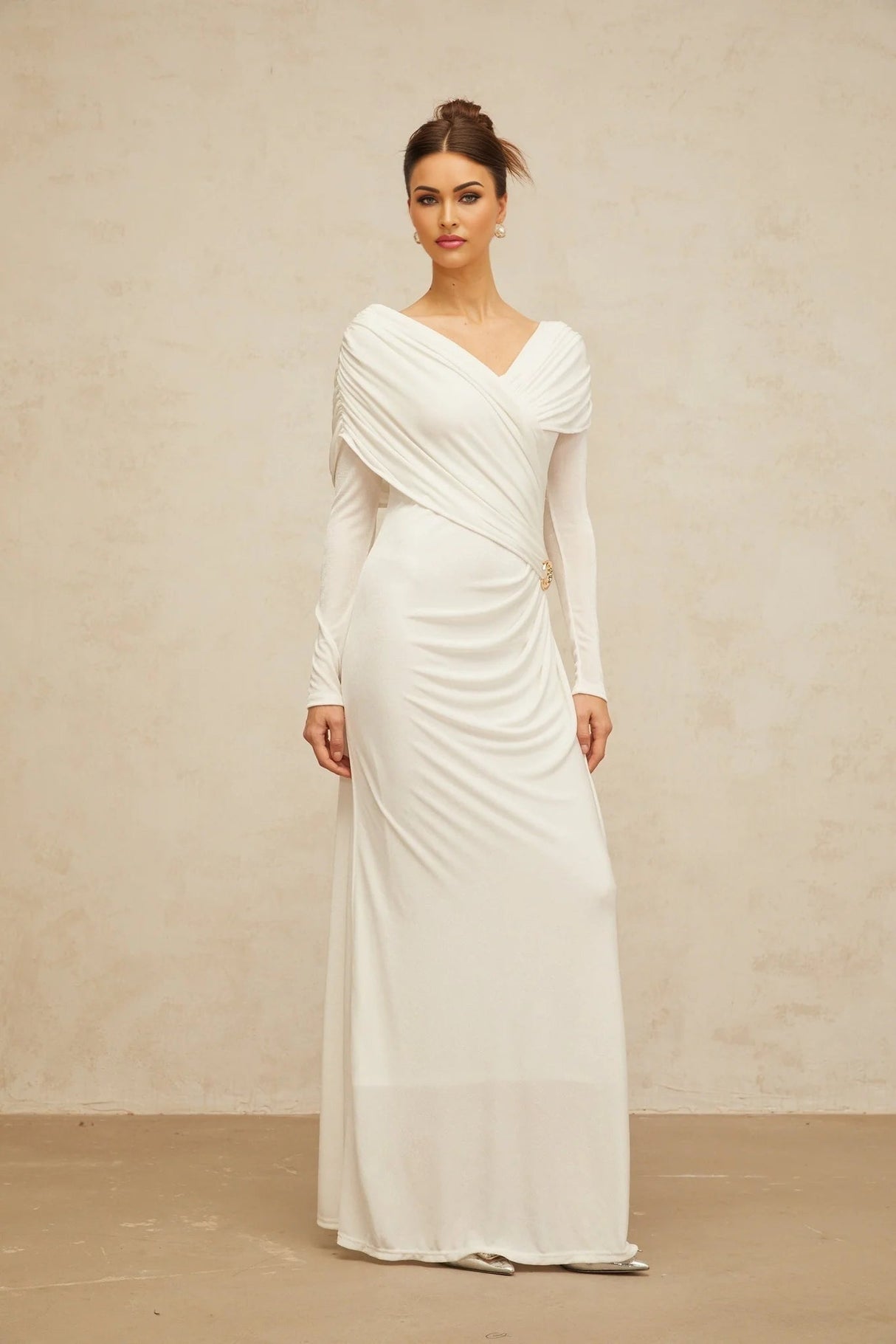 Allison Maxi Dress White Ruched Fitted Buckle Detailing Zip Fastening Elegance