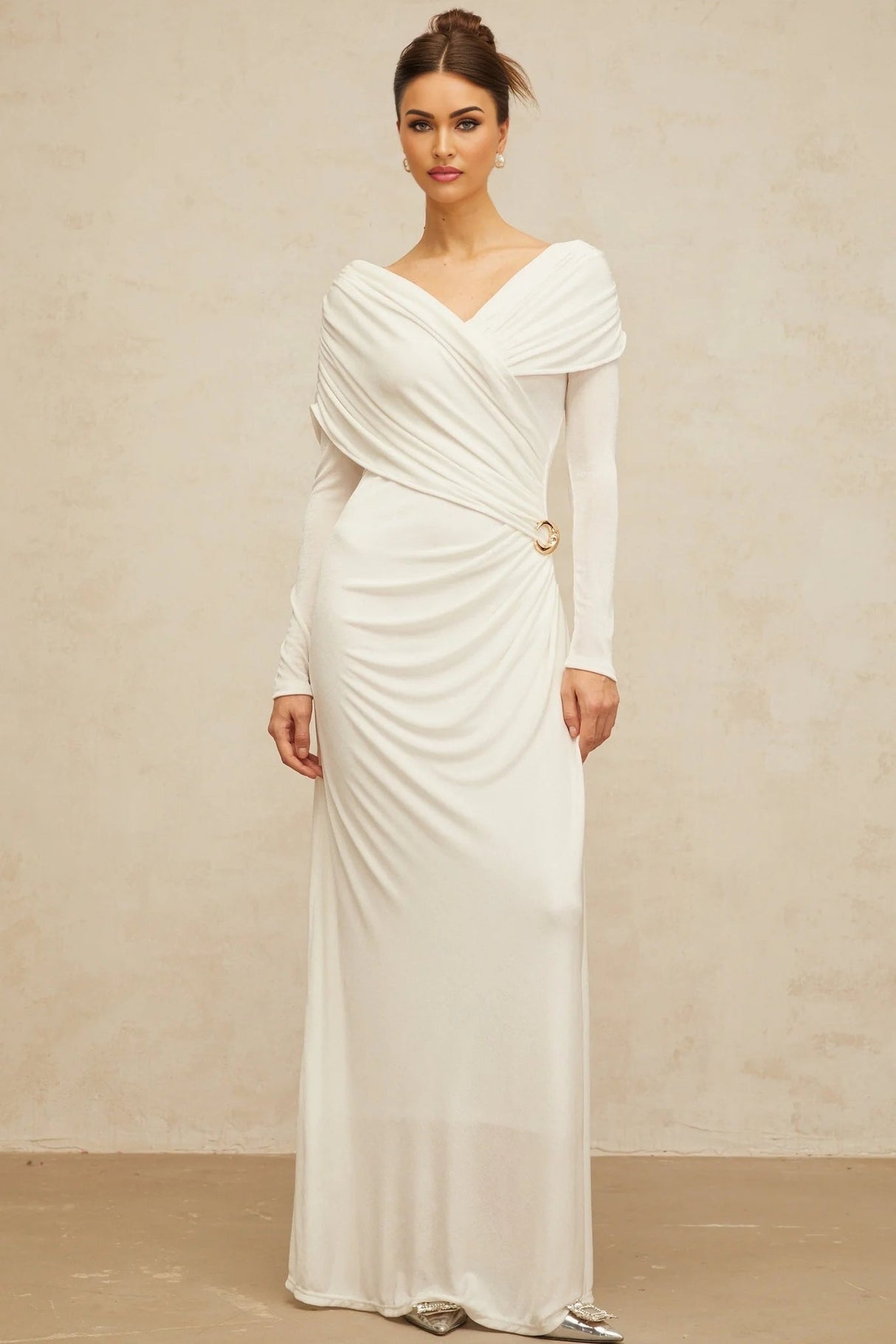 Allison Maxi Dress White Ruched Fitted Buckle Detailing Zip Fastening Elegance