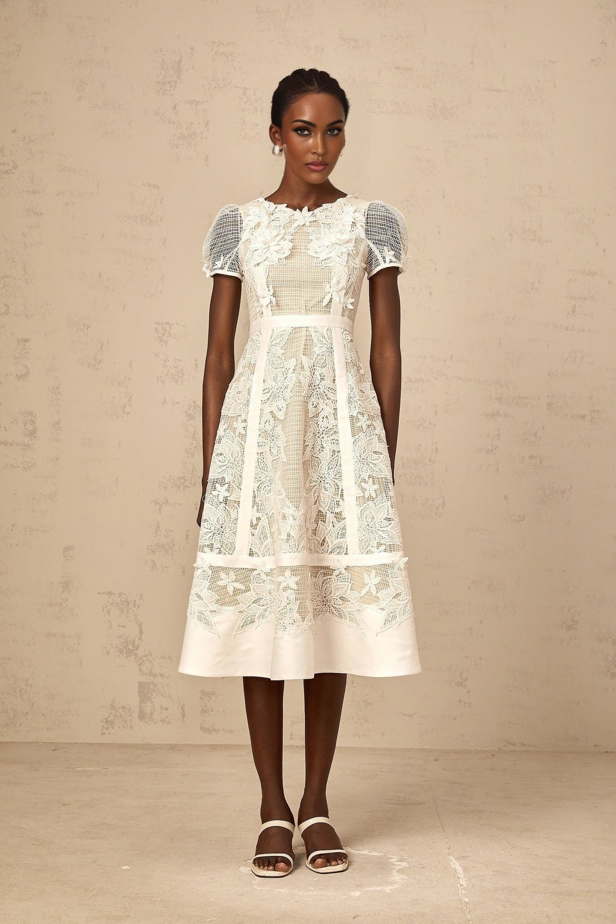 Allison Midi Dress - Classic Round Neck - Short Sleeves - Floral Embroidery - A - Line Style