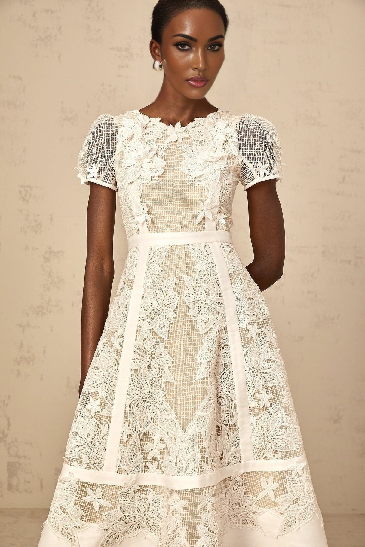 Allison Midi Dress - Classic Round Neck - Short Sleeves - Floral Embroidery - A - Line Style