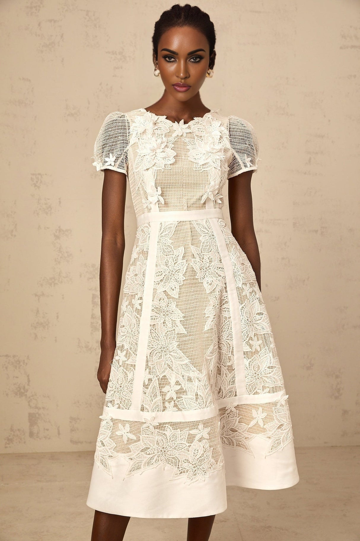 Allison Midi Dress - Classic Round Neck - Short Sleeves - Floral Embroidery - A - Line Style