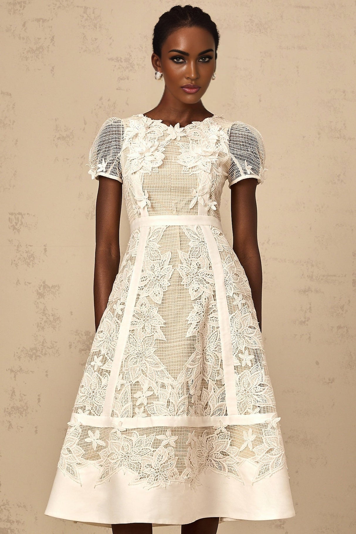 Allison Midi Dress - Classic Round Neck - Short Sleeves - Floral Embroidery - A - Line Style