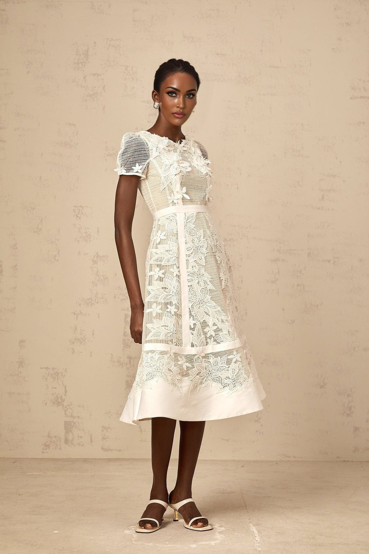 Allison Midi Dress - Classic Round Neck - Short Sleeves - Floral Embroidery - A - Line Style