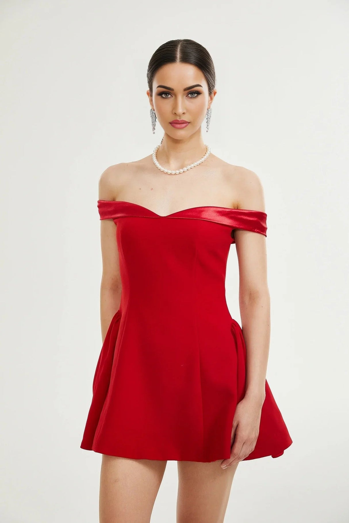 Allison Mini Dress - Strapless - Off the Shoulder - Fitted Waistline - Flared Skirt - Rear Zip Fastening