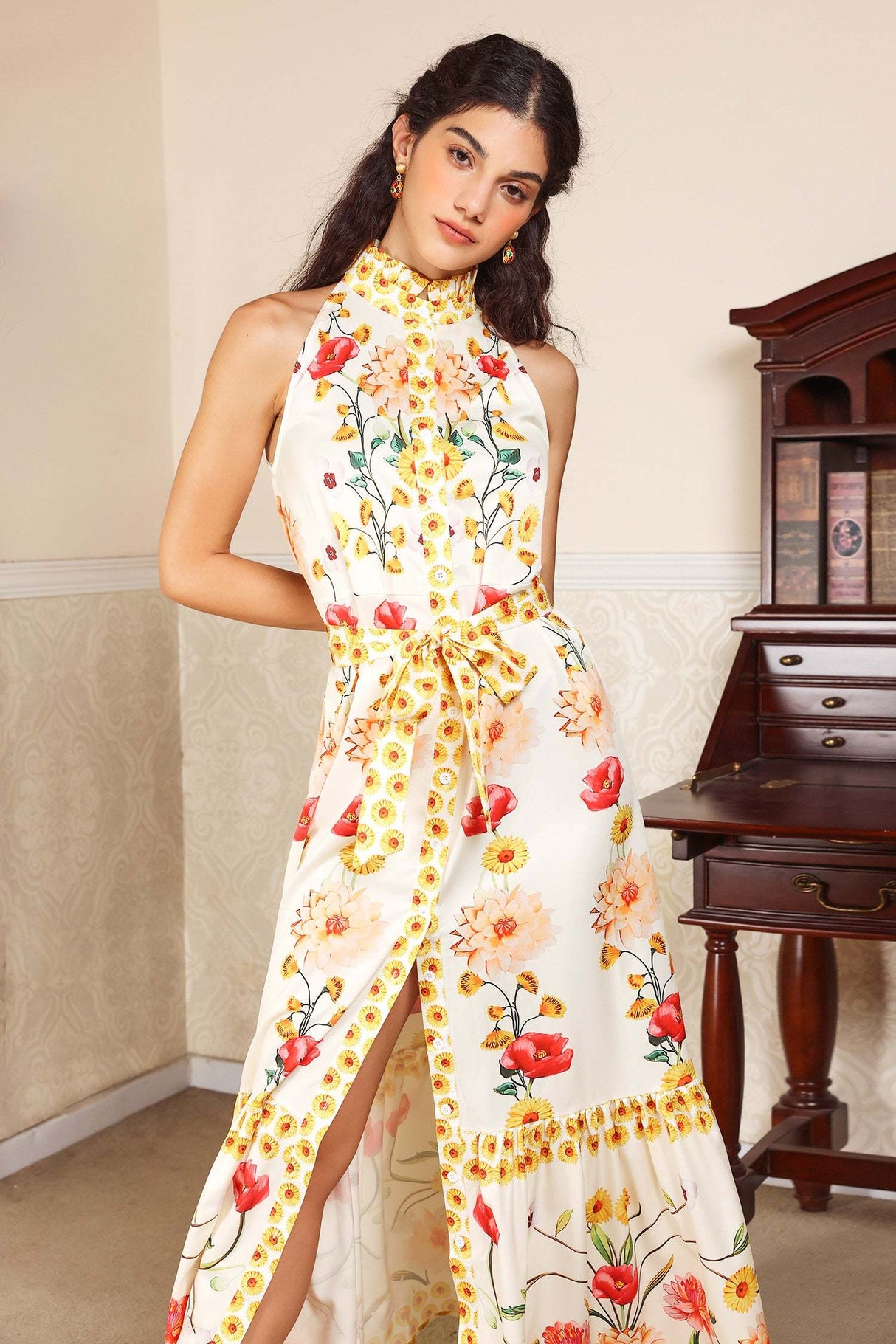 Allison White Floral Midi Dress High Collar Sleeveless Buttoned Front Belted Fit and Flare Lace-up Accents Tiered Hemline