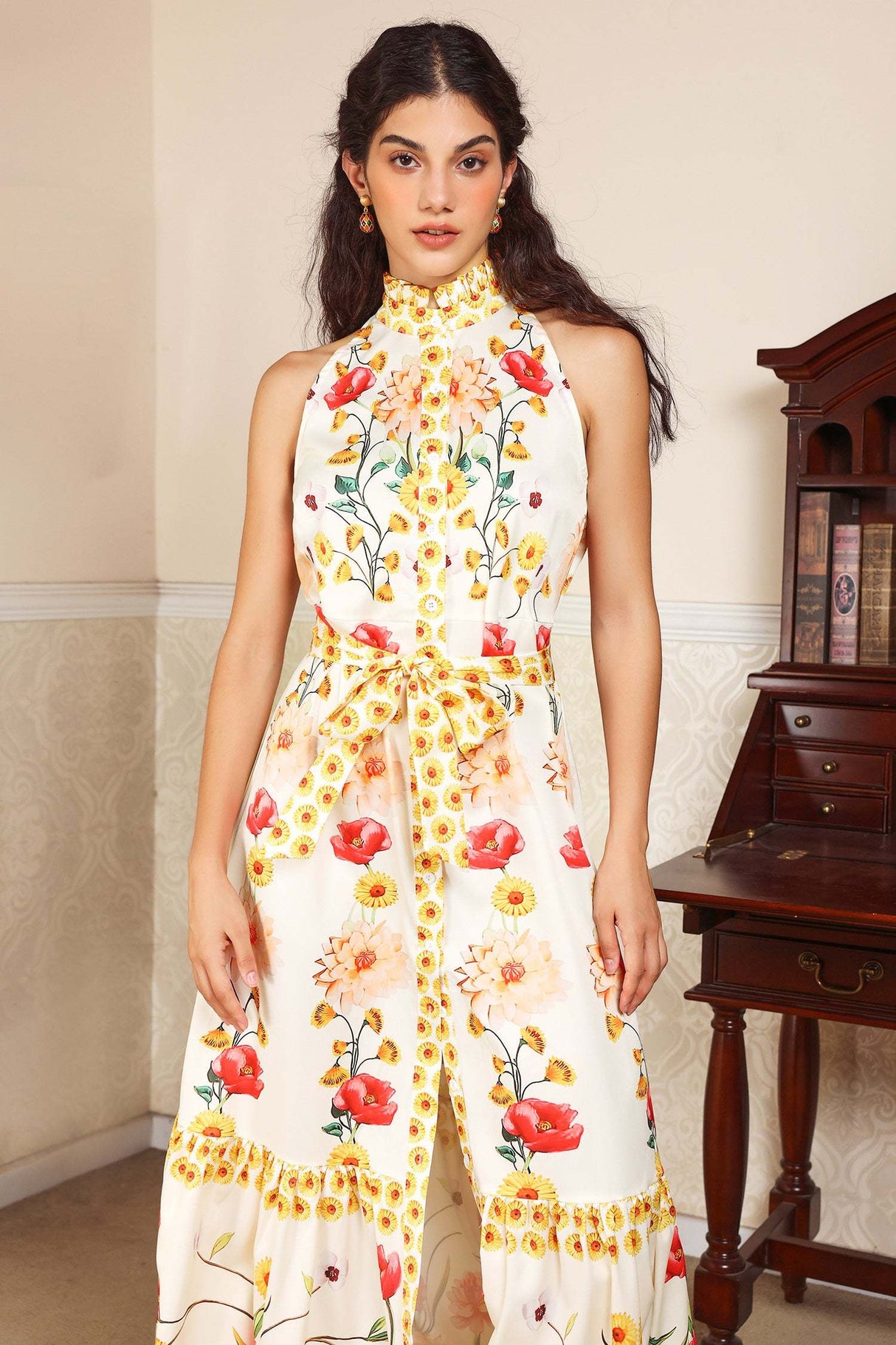 Allison White Floral Print Midi Dress High Collar Sleeveless Button Front Cinched Waist Belted Tiered Hemline Lace-Up Accents
