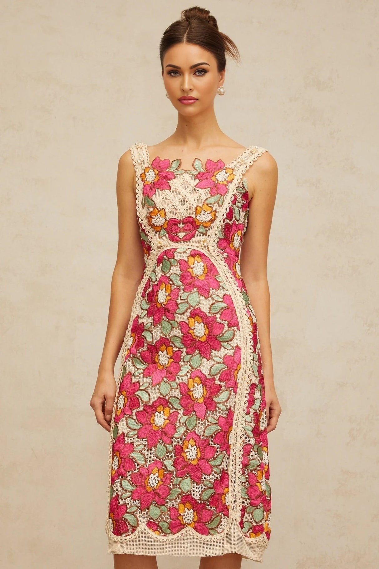 Alma Midi Dress Rose Pink Floral Embroidered