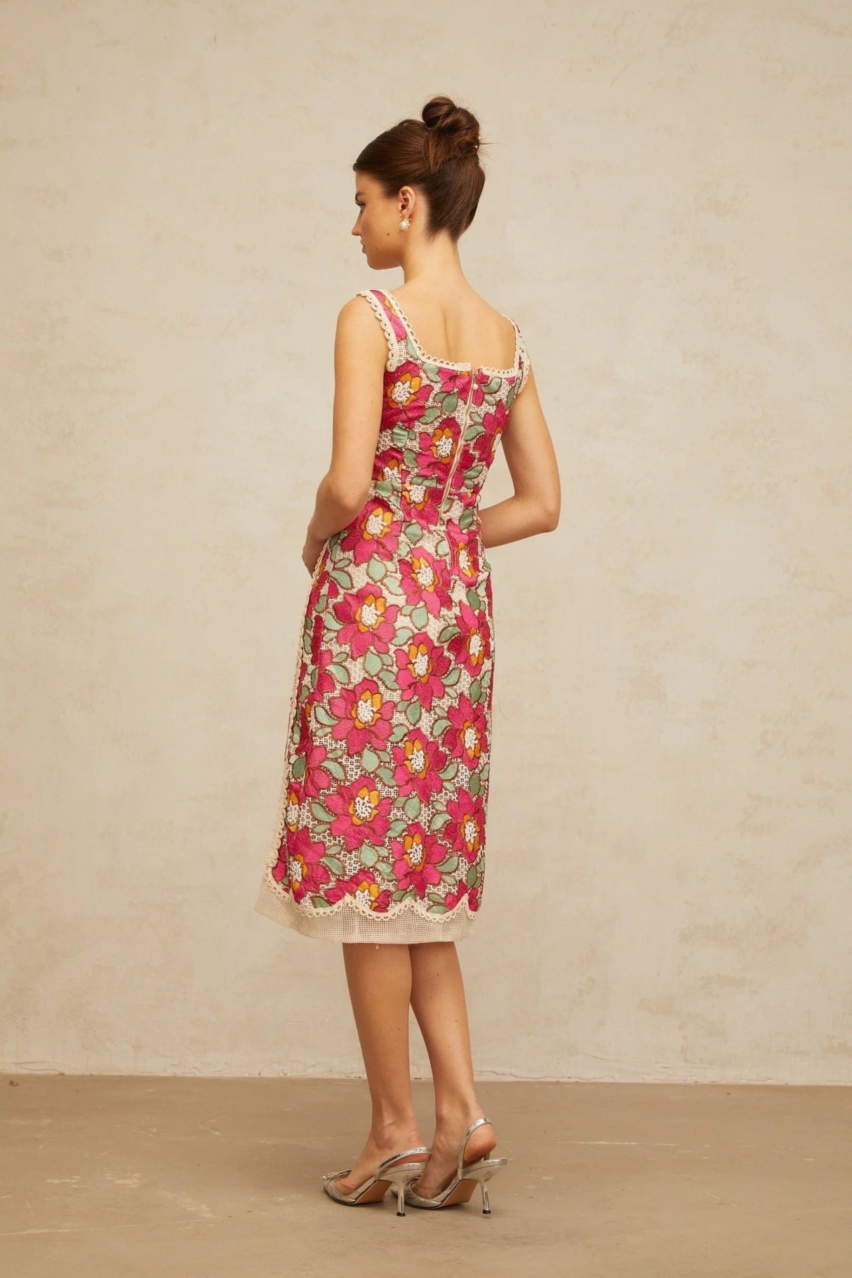 Alma Midi Dress Rose Pink Floral Embroidered