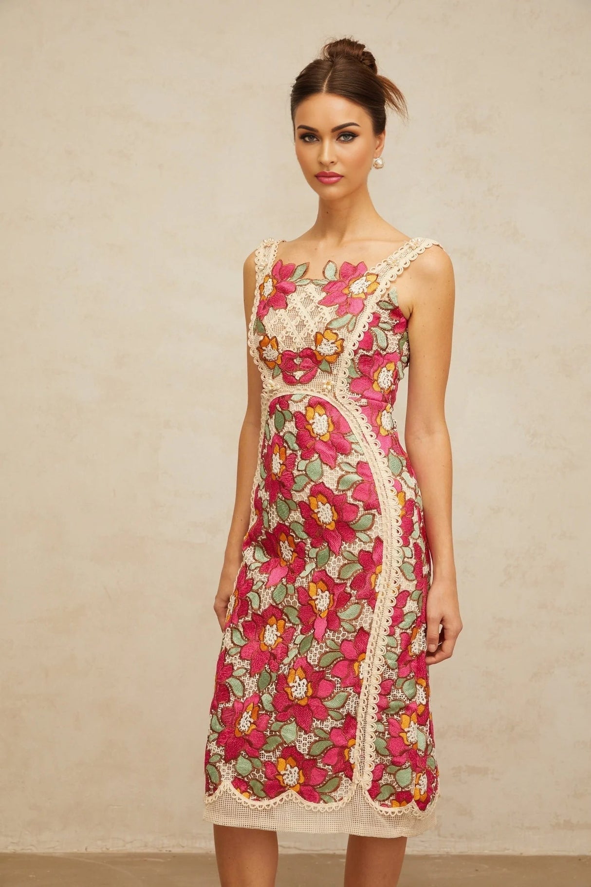 Alma Midi Dress Rose Pink Floral Embroidered