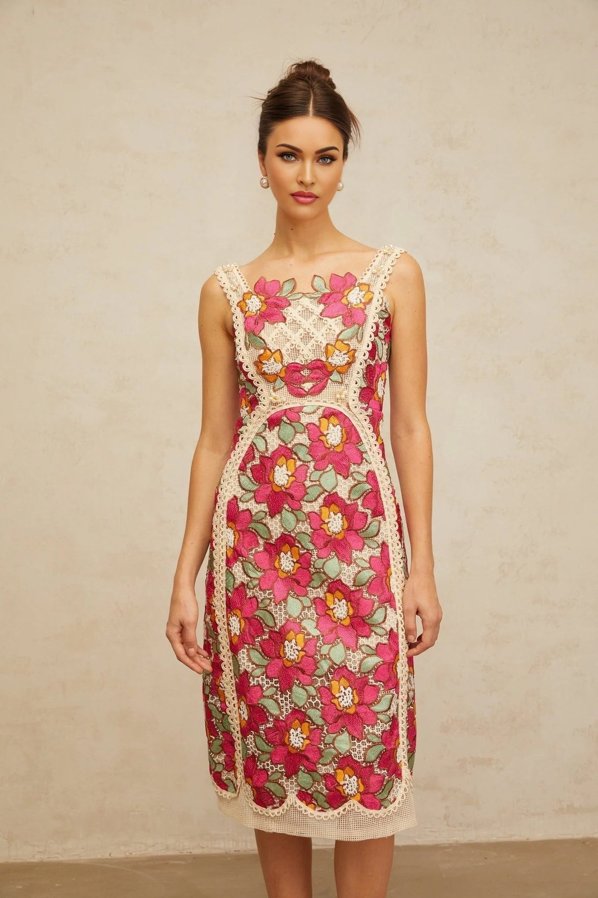 Alma Midi Dress Rose Pink Floral Embroidered
