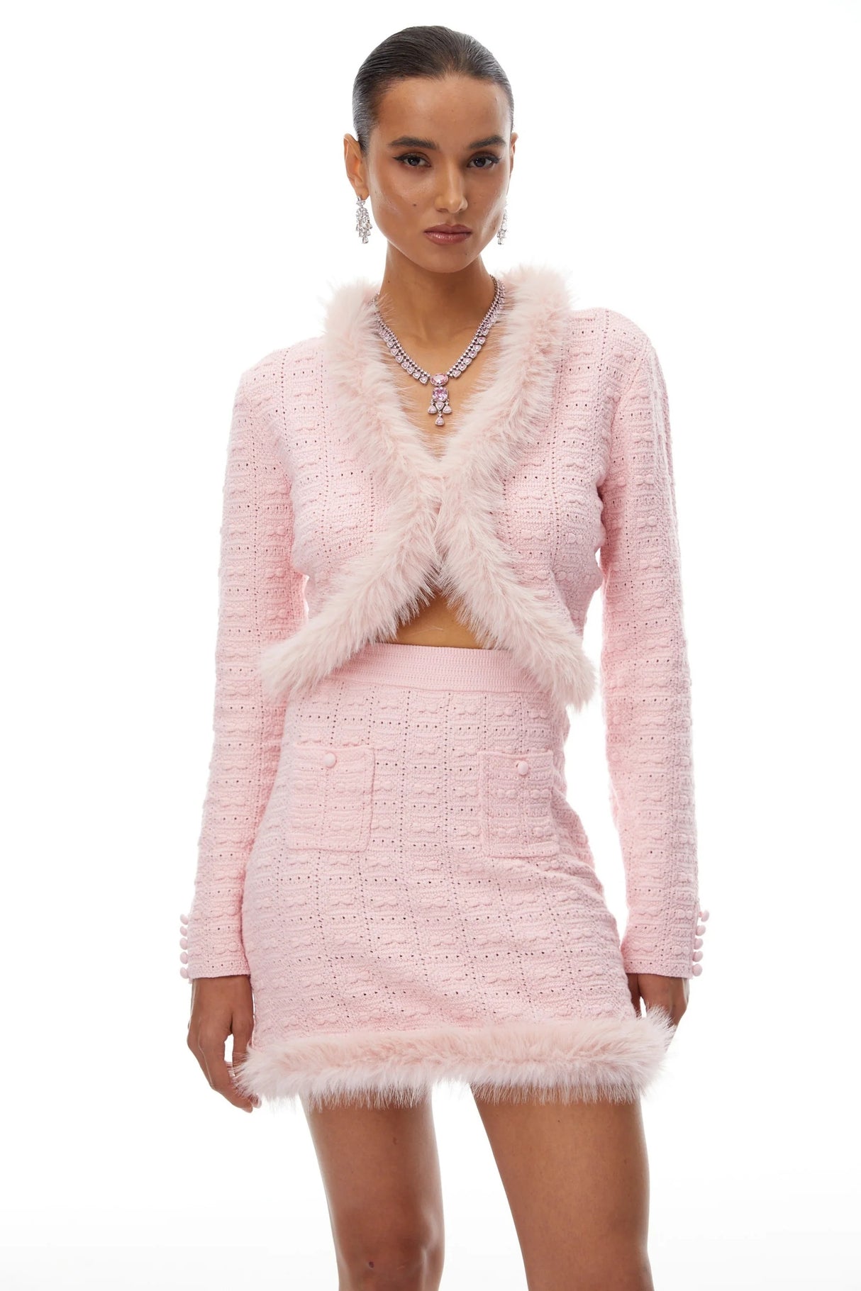 Alma Pink Fur Trim Knit Cardigan Skirt Set