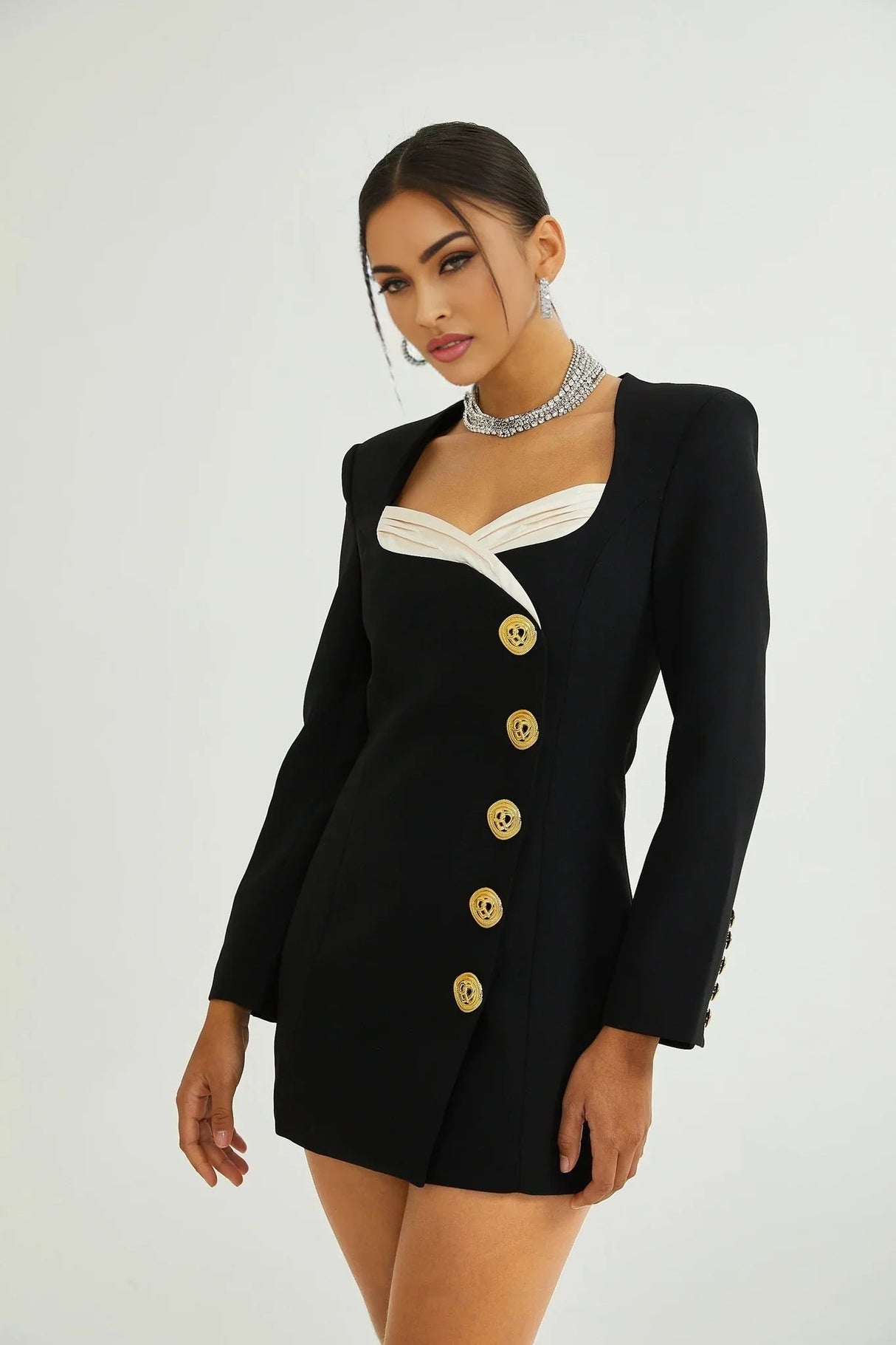 Alyson Long Sleeve Mini Dress - Shoulder Pads - Embossed Buttons - Fitted Silhouette - Rear Zip Fastening