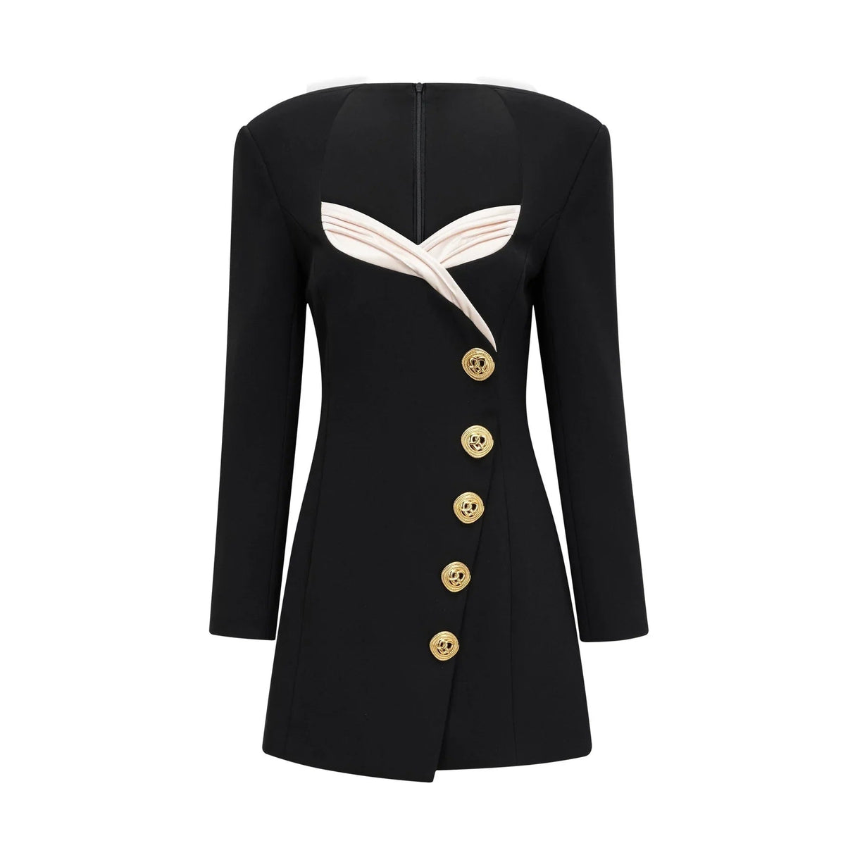 Alyson Long Sleeve Mini Dress - Shoulder Pads - Embossed Buttons - Fitted Silhouette - Rear Zip Fastening