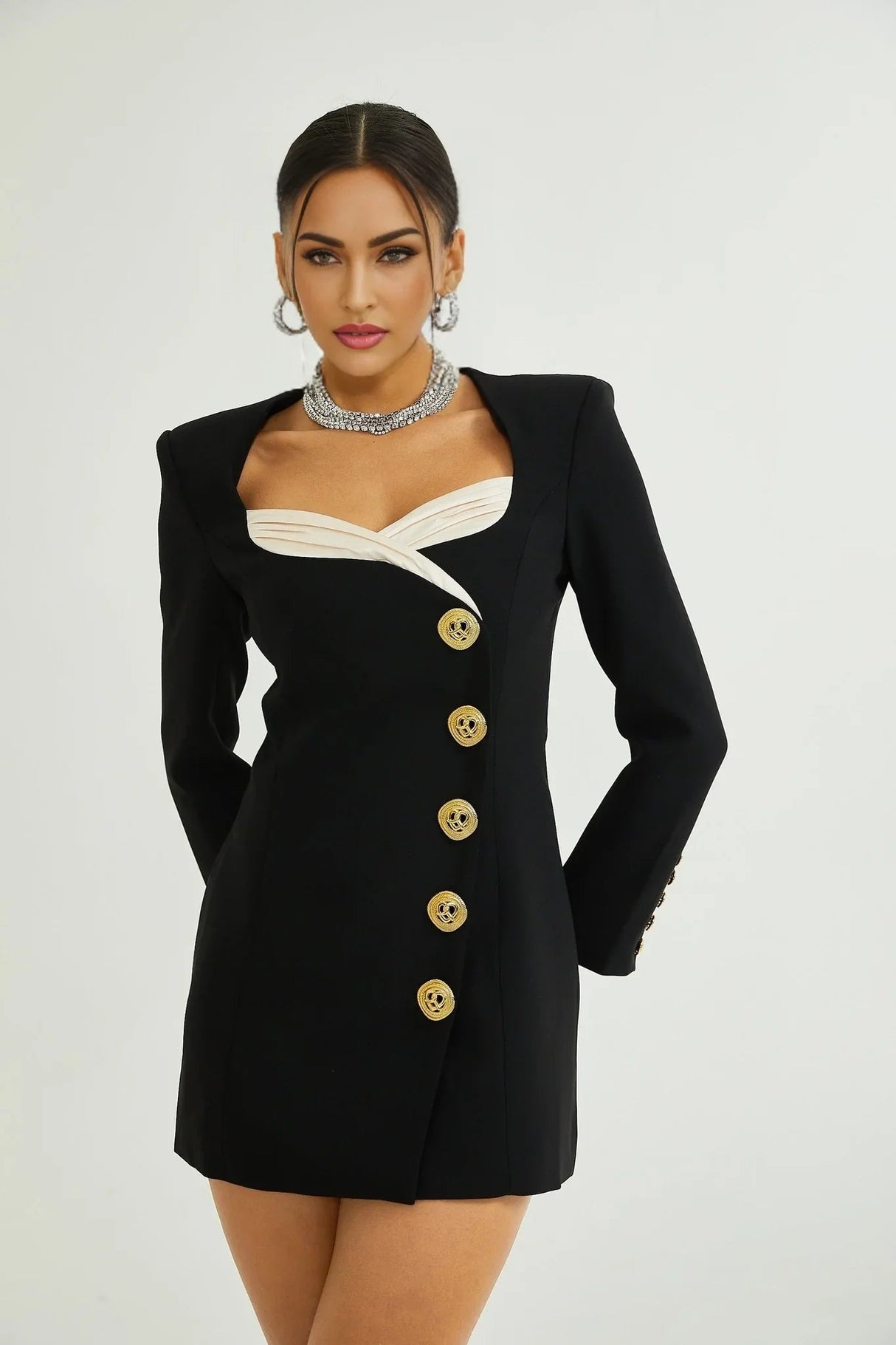 Alyson Long Sleeve Mini Dress - Shoulder Pads - Embossed Buttons - Fitted Silhouette - Rear Zip Fastening