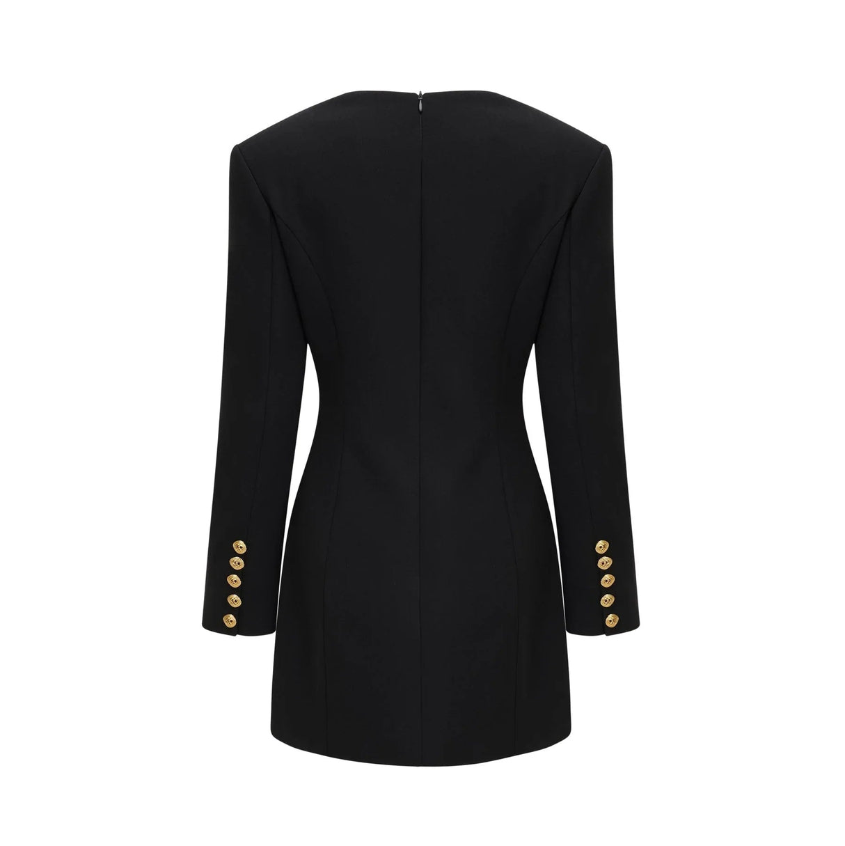 Alyson Long Sleeve Mini Dress - Shoulder Pads - Embossed Buttons - Fitted Silhouette - Rear Zip Fastening