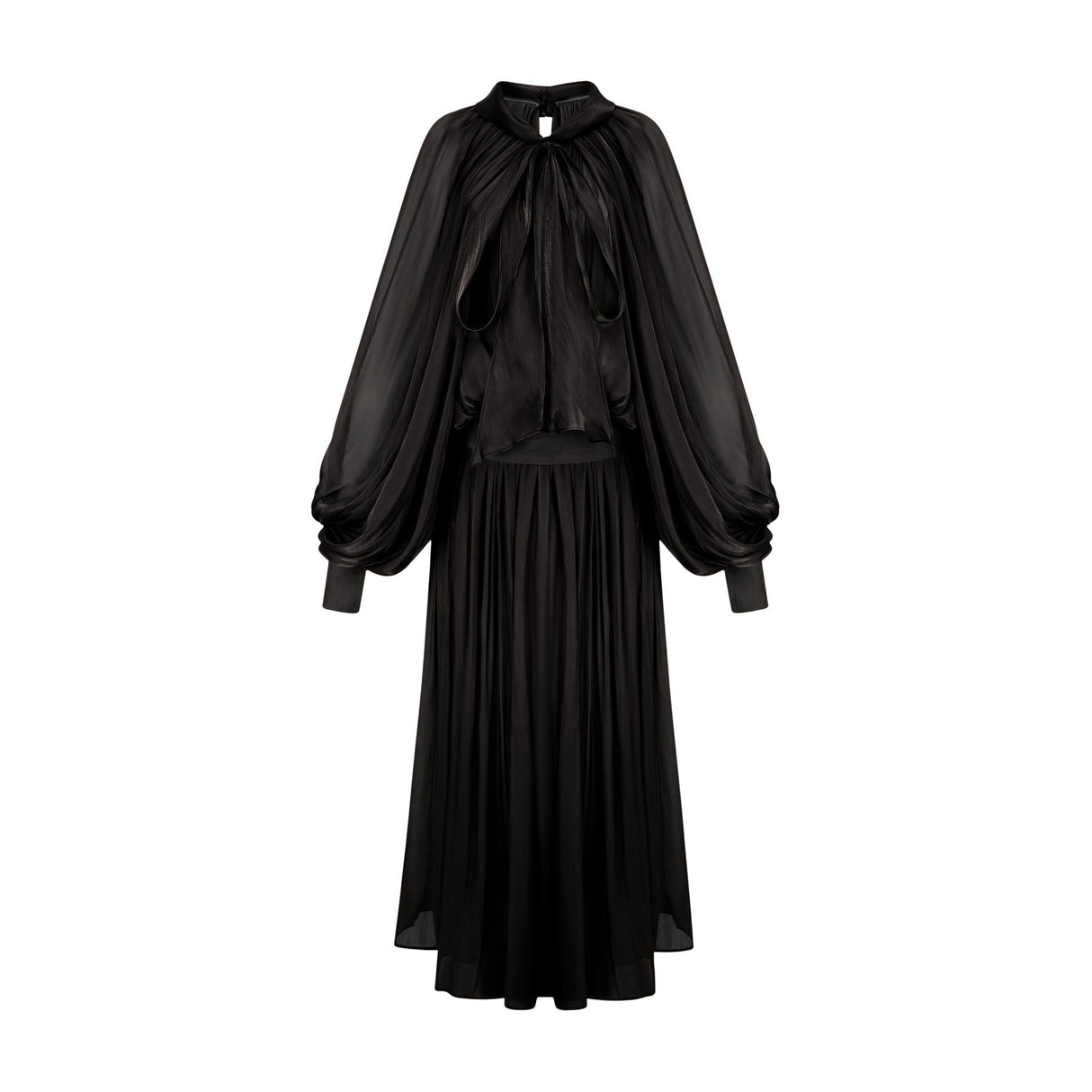Alyson Maxi Dress - Pleated Satin Design - Ribbon Tie - Neck - Long Dolman Sleeves - Rear Button Fastening