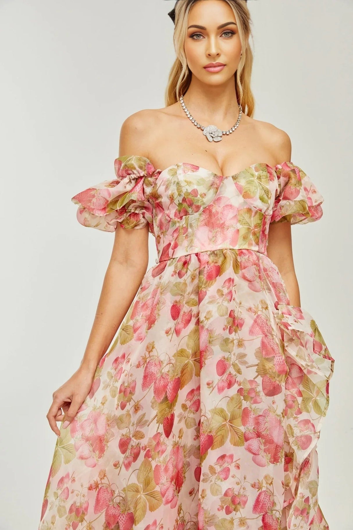 Alyssa Maxi Dress - Off - The - Shoulder Cut - Ruffled Detail - Fruit Prints - Flounce Hemline