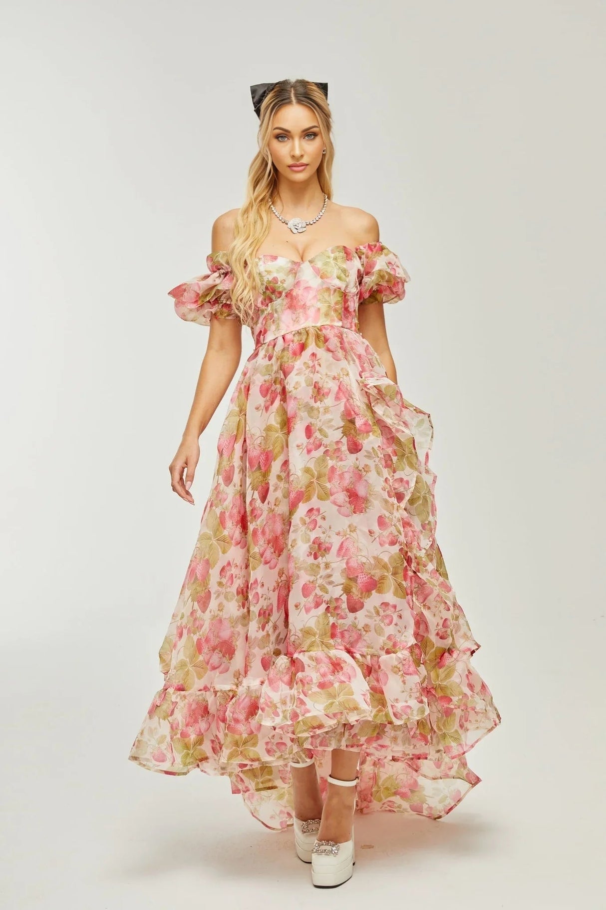 Alyssa Maxi Dress - Off - The - Shoulder Cut - Ruffled Detail - Fruit Prints - Flounce Hemline