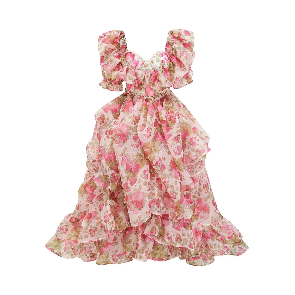 Alyssa Maxi Dress - Off - The - Shoulder Cut - Ruffled Detail - Fruit Prints - Flounce Hemline
