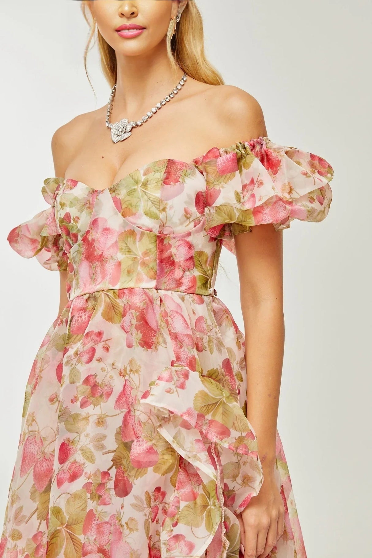 Alyssa Maxi Dress - Off - The - Shoulder Cut - Ruffled Detail - Fruit Prints - Flounce Hemline