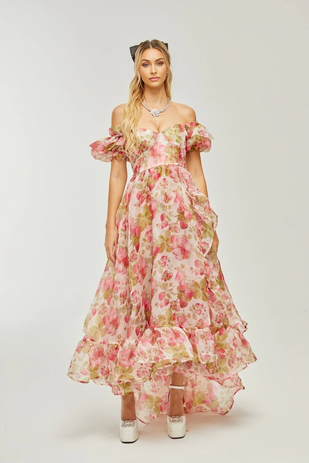 Alyssa Maxi Dress - Off - The - Shoulder Cut - Ruffled Detail - Fruit Prints - Flounce Hemline