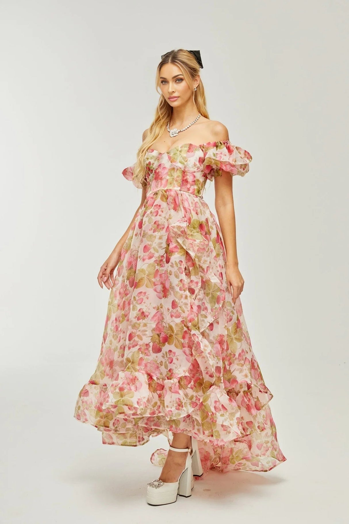 Alyssa Maxi Dress - Off - The - Shoulder Cut - Ruffled Detail - Fruit Prints - Flounce Hemline
