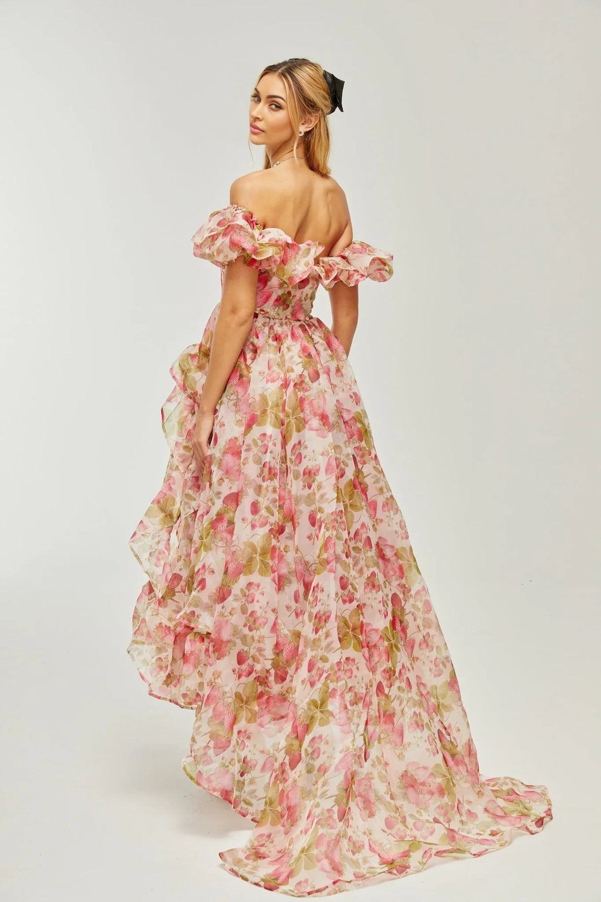 Alyssa Maxi Dress - Off - The - Shoulder Cut - Ruffled Detail - Fruit Prints - Flounce Hemline