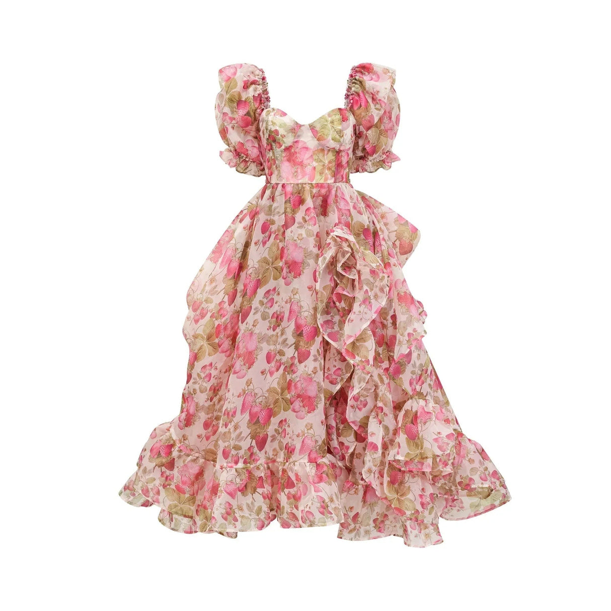 Alyssa Maxi Dress - Off - The - Shoulder Cut - Ruffled Detail - Fruit Prints - Flounce Hemline