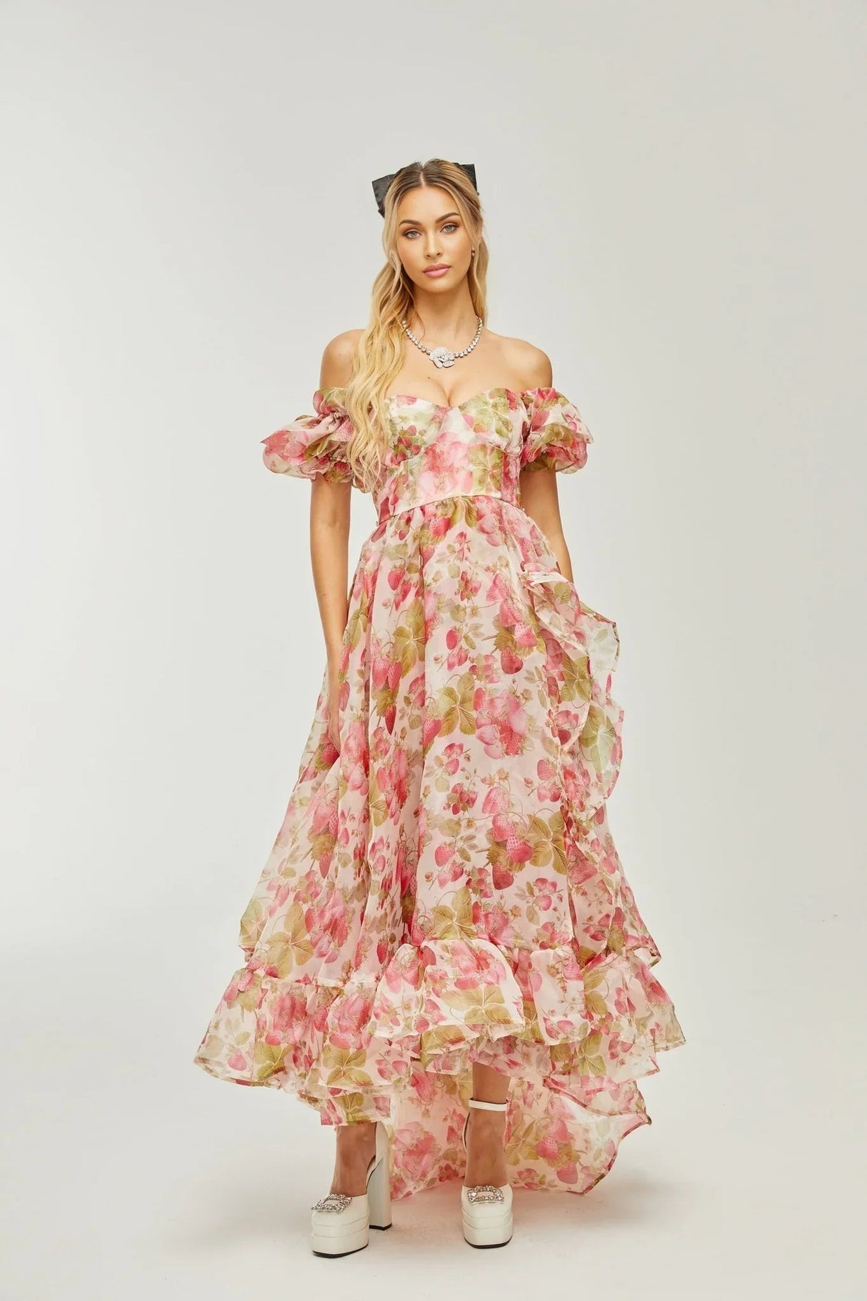 Alyssa Maxi Dress - Off - The - Shoulder Cut - Ruffled Detail - Fruit Prints - Flounce Hemline