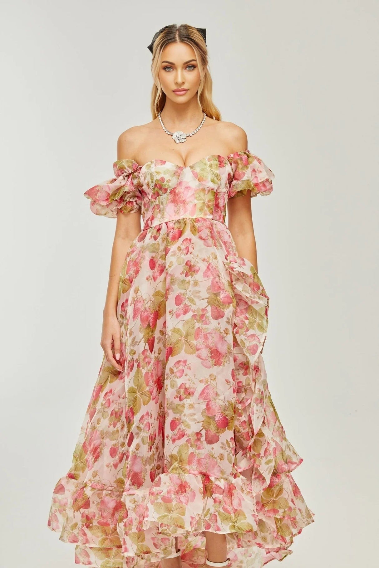 Alyssa Maxi Dress - Off - The - Shoulder Cut - Ruffled Detail - Fruit Prints - Flounce Hemline