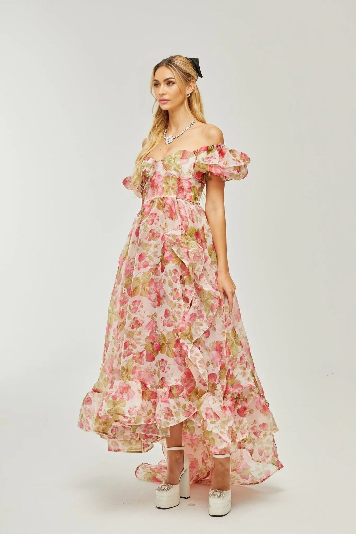Alyssa Maxi Dress - Off - The - Shoulder Cut - Ruffled Detail - Fruit Prints - Flounce Hemline
