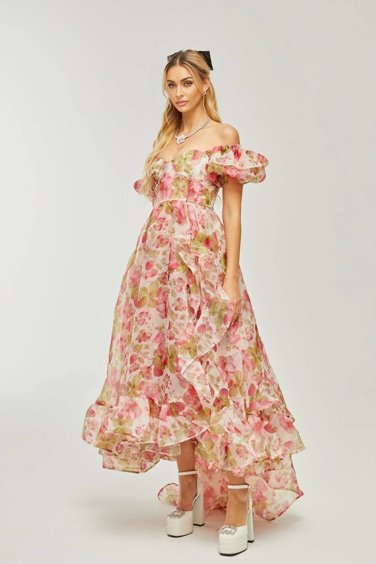 Alyssa Maxi Dress - Off - The - Shoulder Cut - Ruffled Detail - Fruit Prints - Flounce Hemline