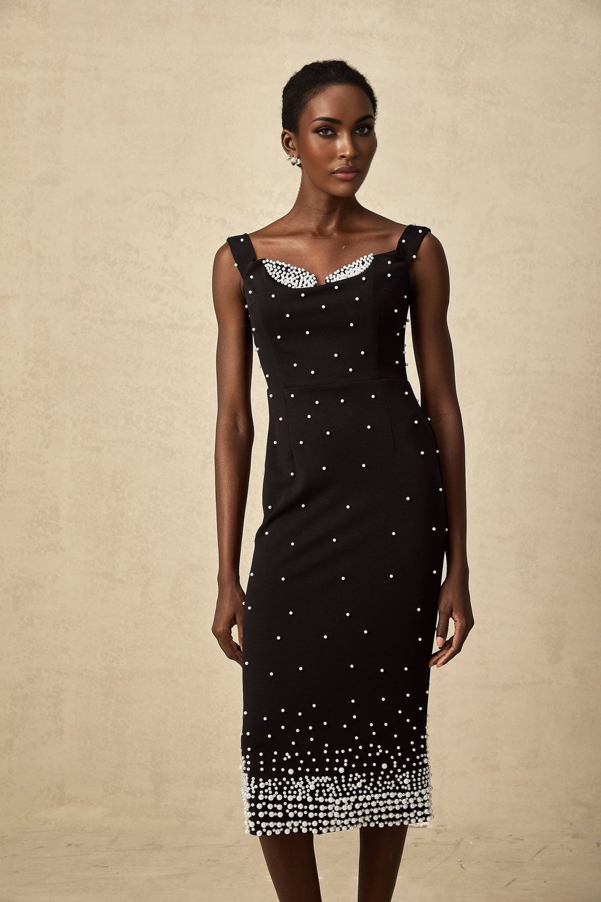 Alyssa Midi Dress - Sleeveless Style - Cinched Waist - Faux - Pearl Detail - Elegant Midi Length