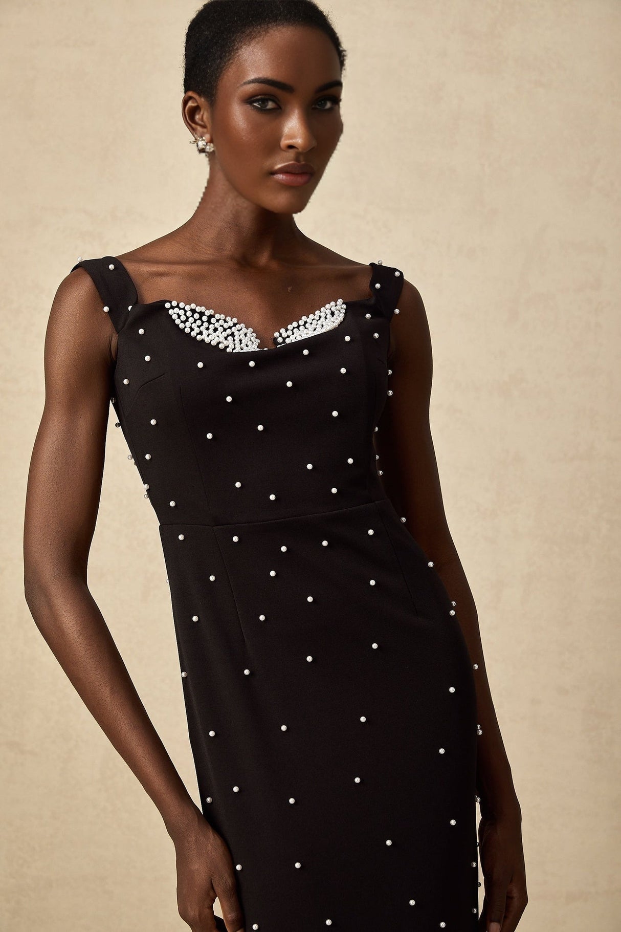 Alyssa Midi Dress - Sleeveless Style - Cinched Waist - Faux - Pearl Detail - Elegant Midi Length