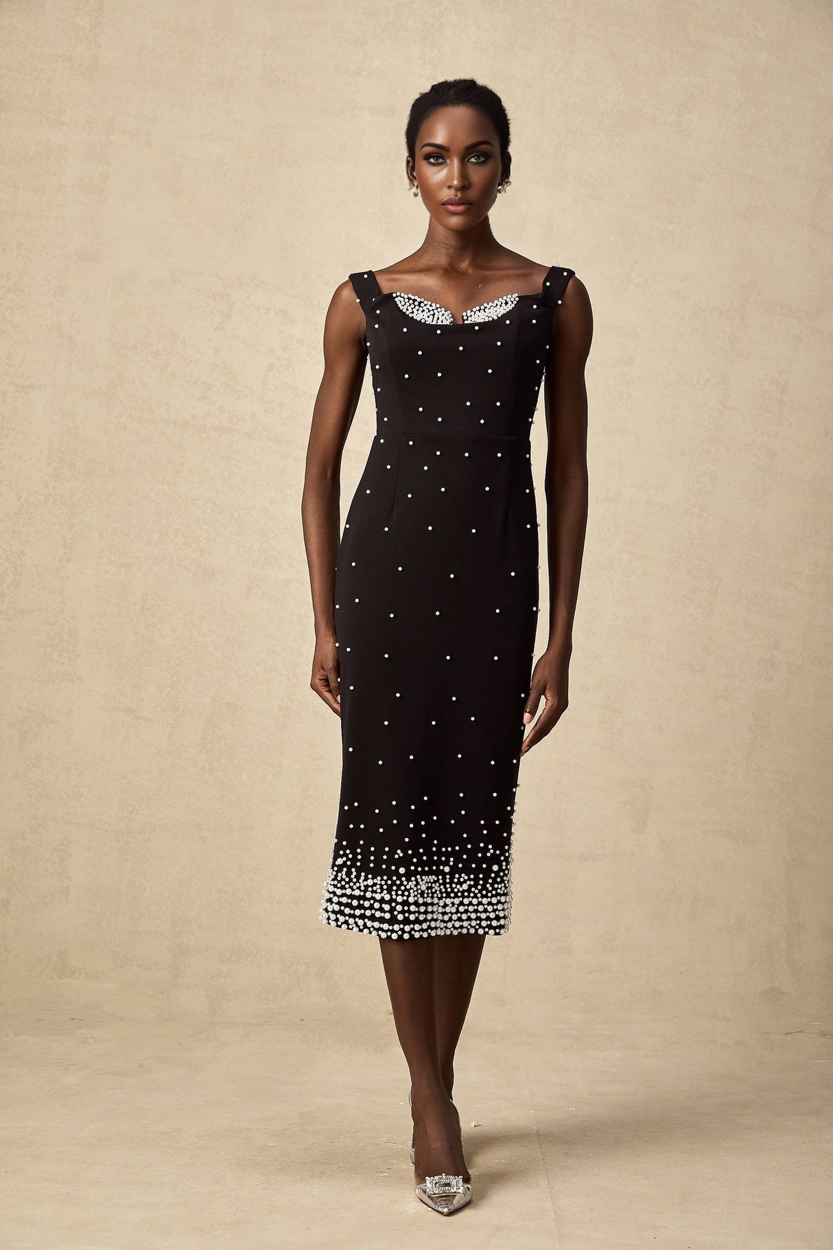 Alyssa Midi Dress - Sleeveless Style - Cinched Waist - Faux - Pearl Detail - Elegant Midi Length