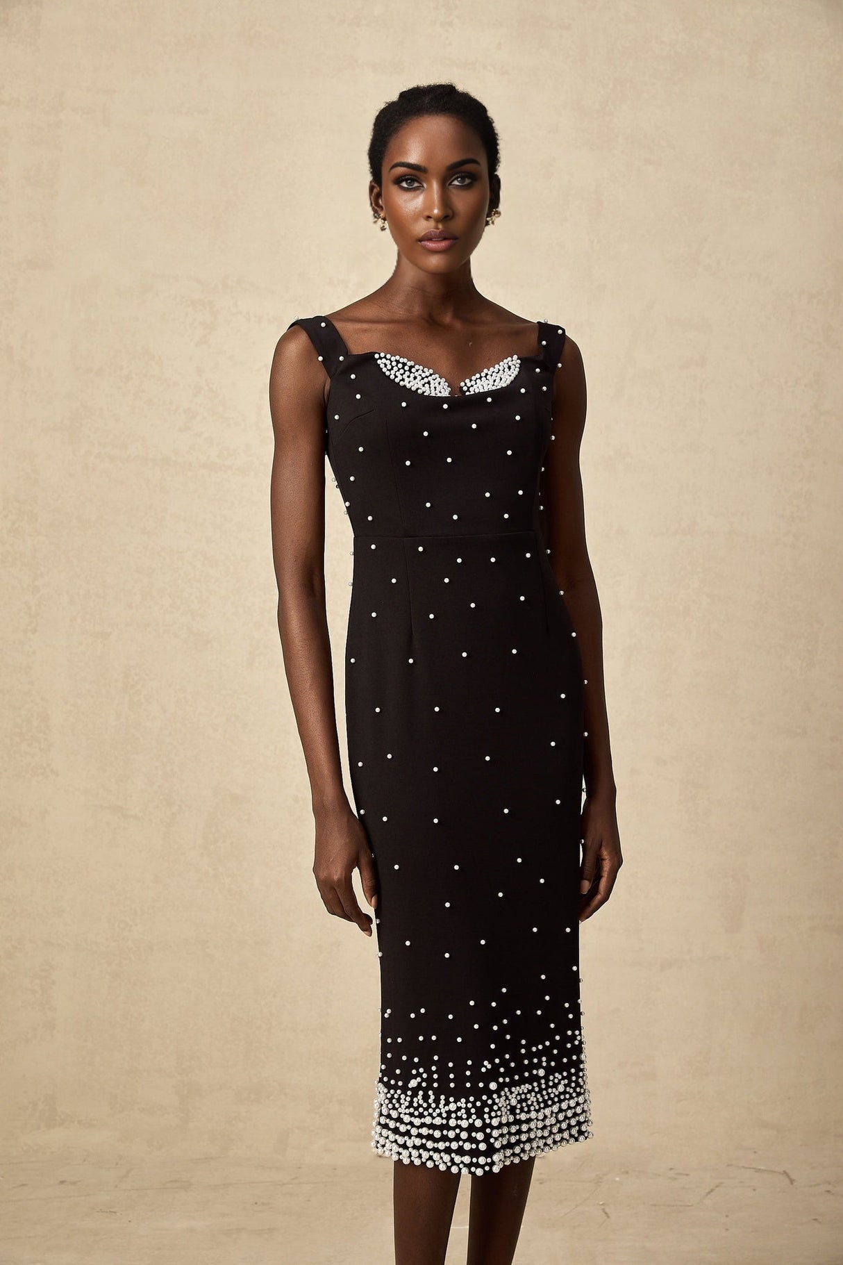 Alyssa Midi Dress - Sleeveless Style - Cinched Waist - Faux - Pearl Detail - Elegant Midi Length