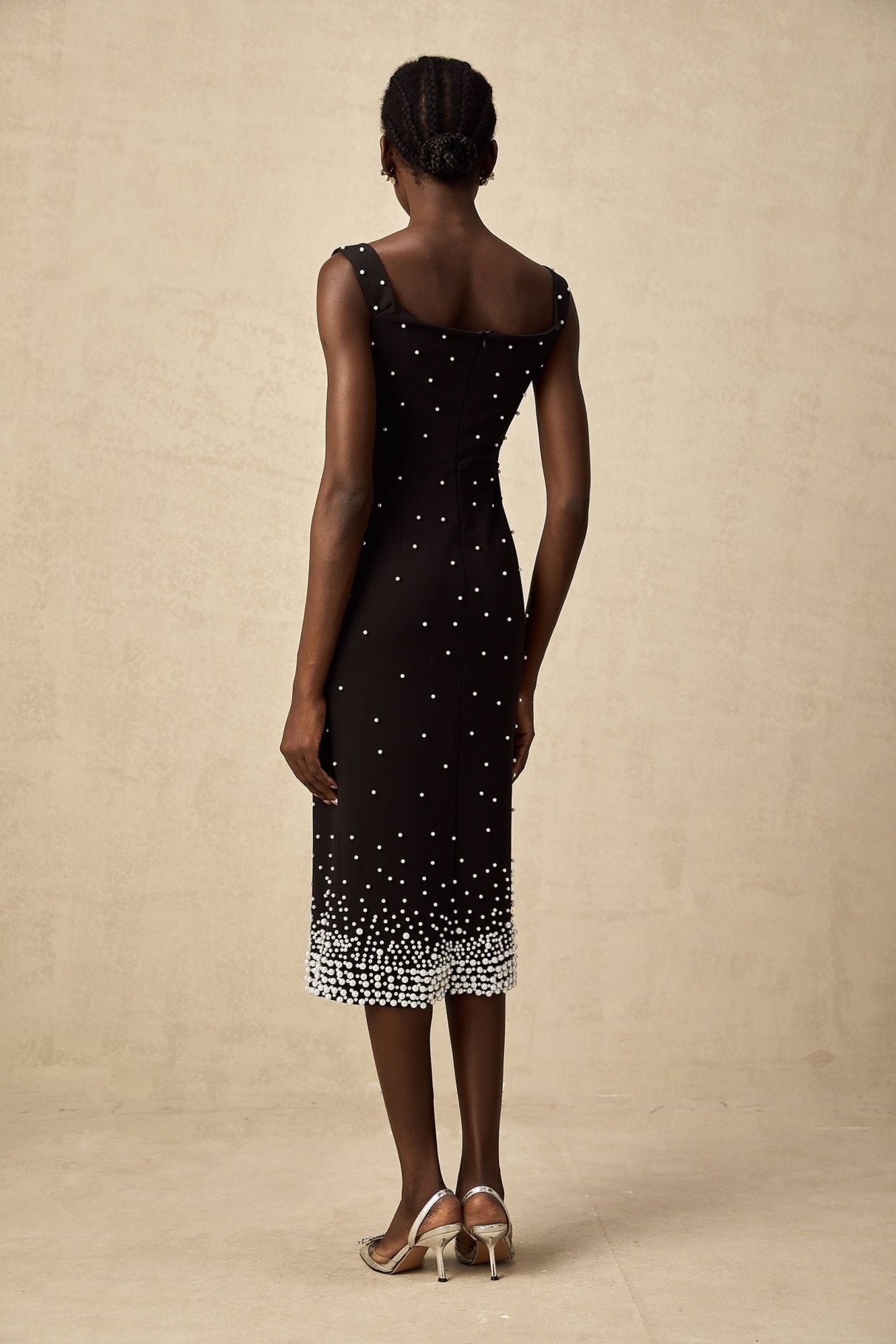 Alyssa Midi Dress - Sleeveless Style - Cinched Waist - Faux - Pearl Detail - Elegant Midi Length