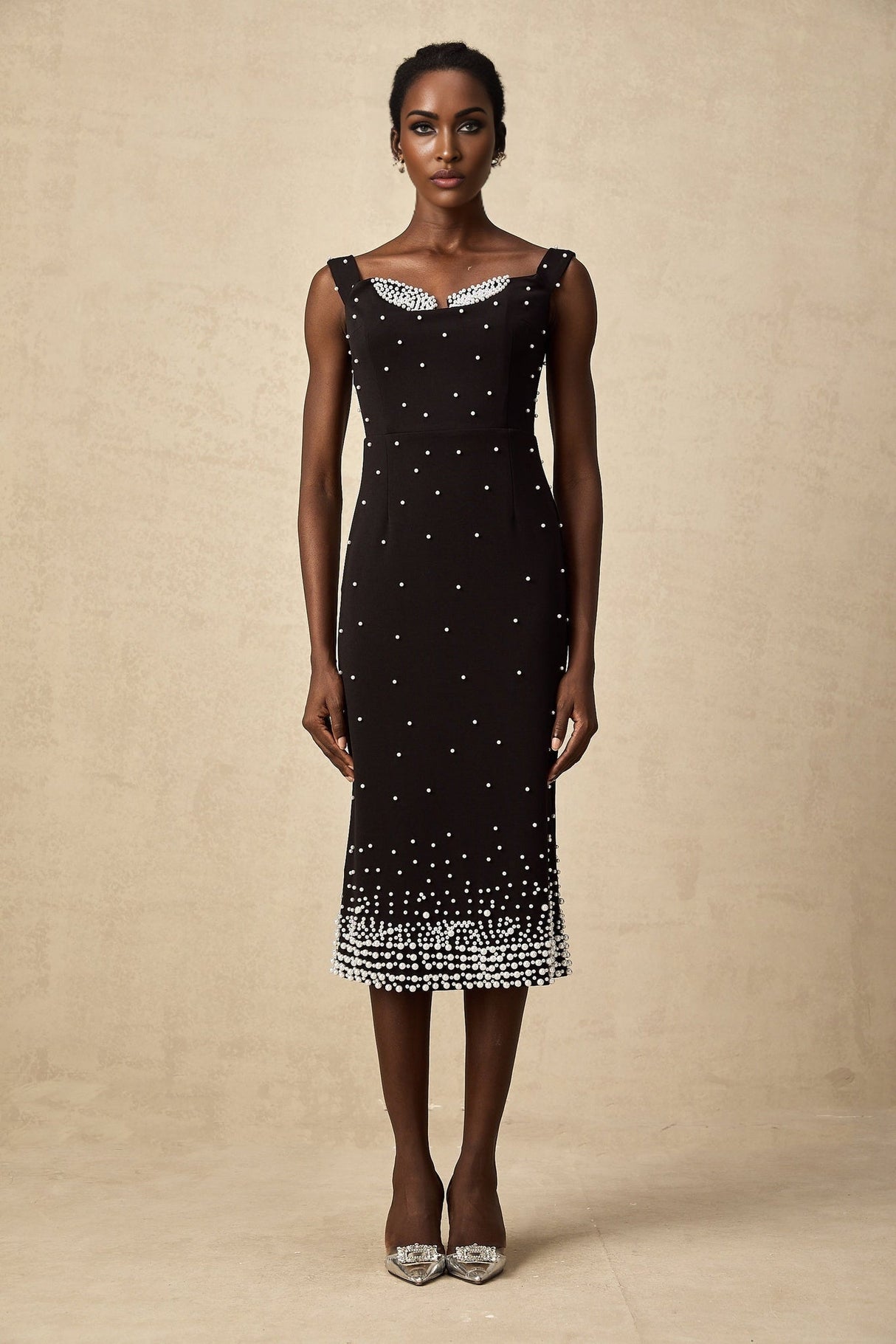 Alyssa Midi Dress - Sleeveless Style - Cinched Waist - Faux - Pearl Detail - Elegant Midi Length