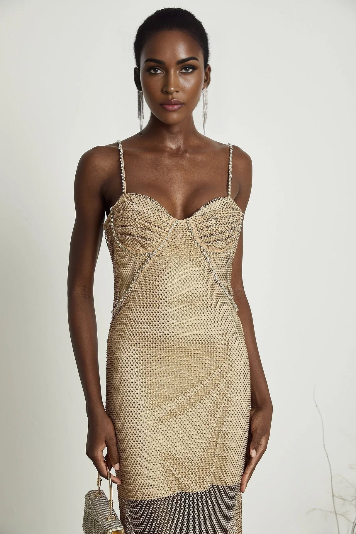 Alyssa Midi Dress - Sweetheart Neckline - Crystal Embellishments - Fitted Silhouette - Semi - Sheer