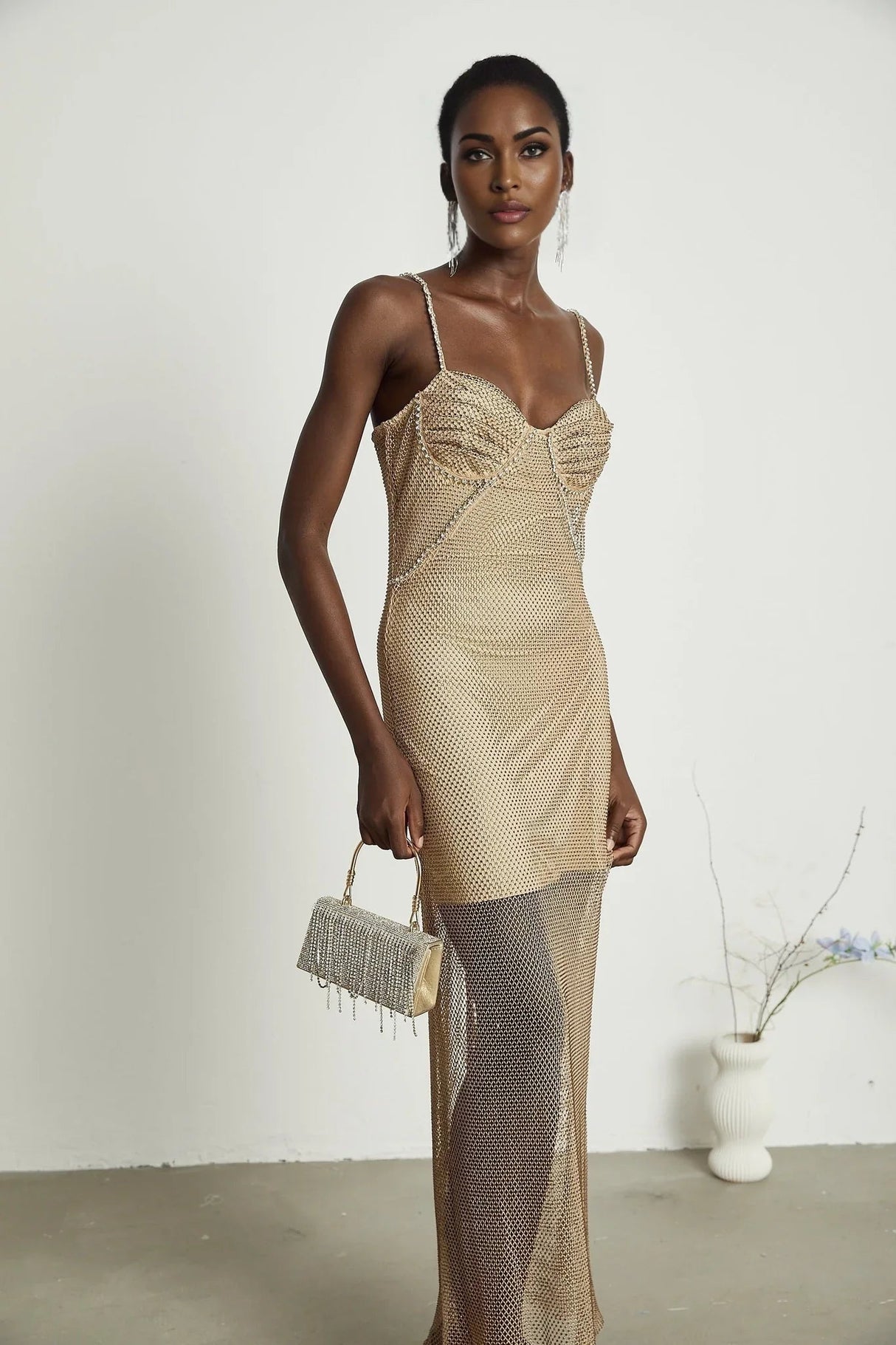 Alyssa Midi Dress - Sweetheart Neckline - Crystal Embellishments - Fitted Silhouette - Semi - Sheer