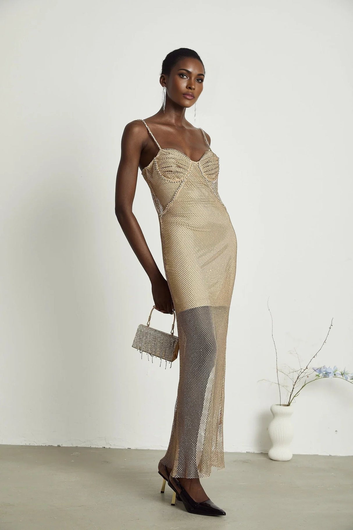 Alyssa Midi Dress - Sweetheart Neckline - Crystal Embellishments - Fitted Silhouette - Semi - Sheer