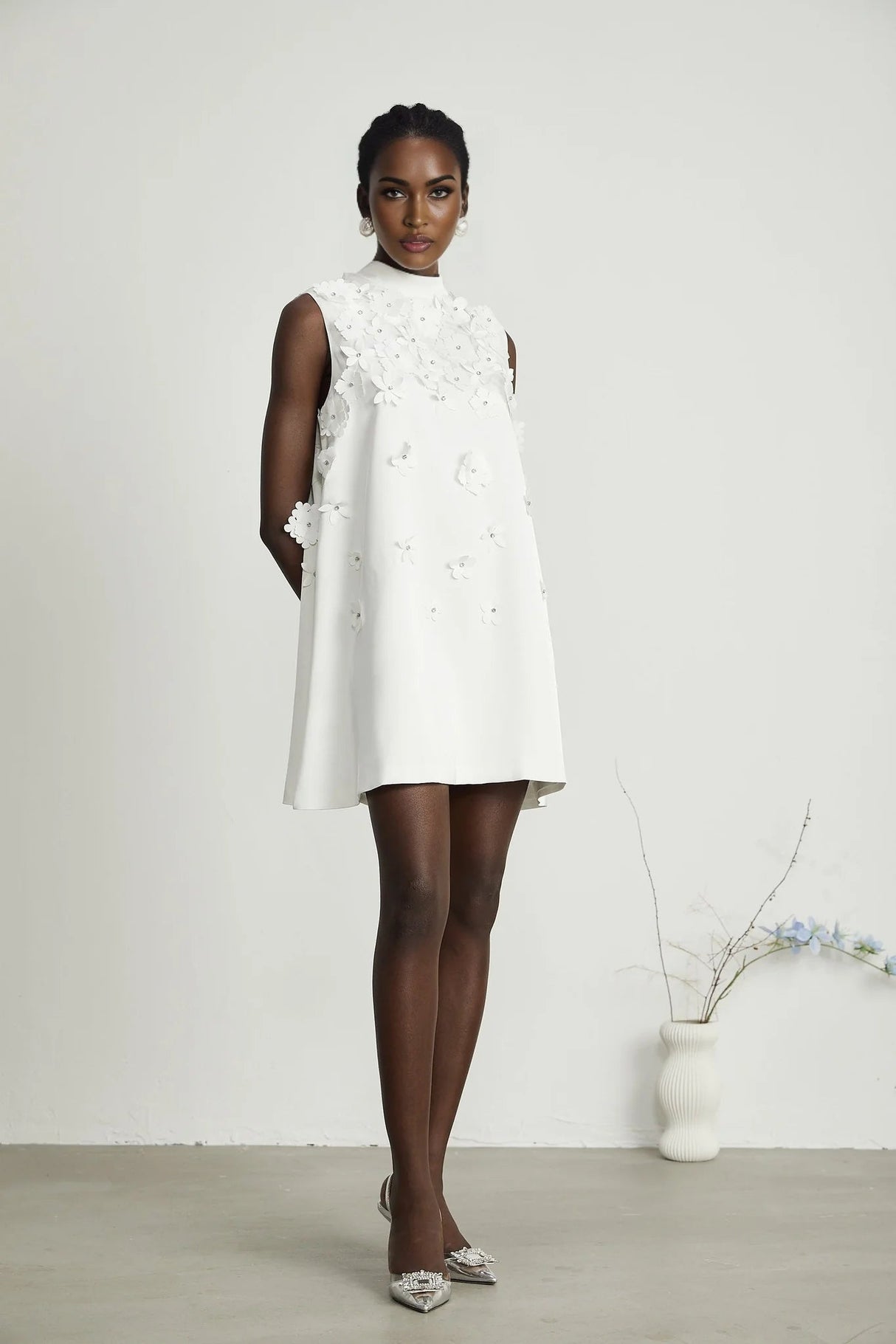 Alyssa Mini Dress White Faux - Flower Crystal Embellished Thigh - Length Hem