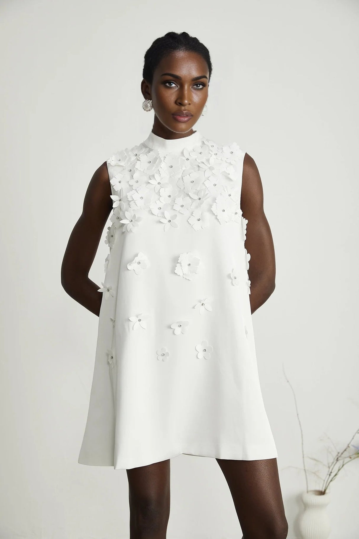 Alyssa Mini Dress White Faux - Flower Crystal Embellished Thigh - Length Hem