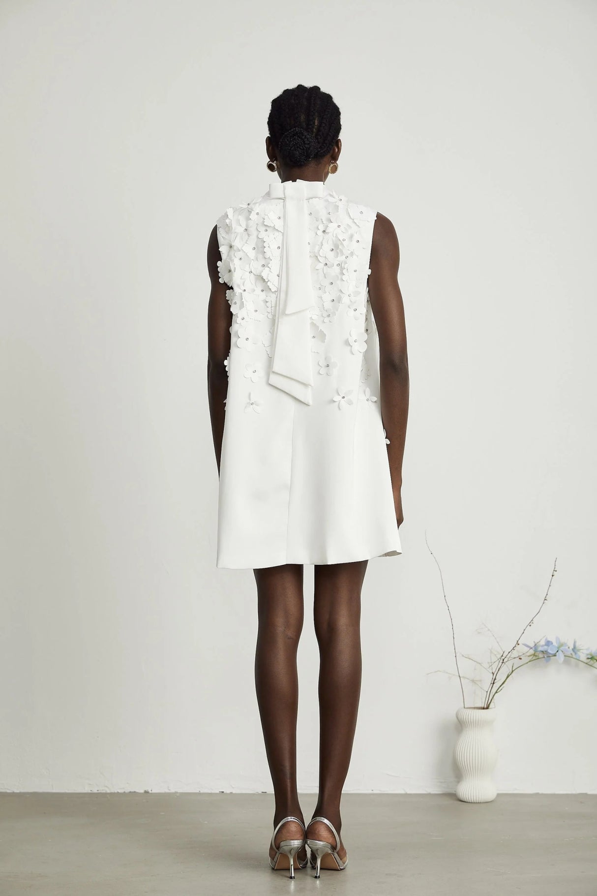 Alyssa Mini Dress White Faux - Flower Crystal Embellished Thigh - Length Hem