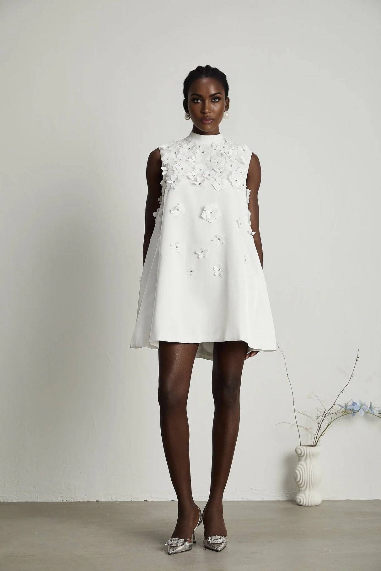Alyssa Mini Dress White Faux - Flower Crystal Embellished Thigh - Length Hem