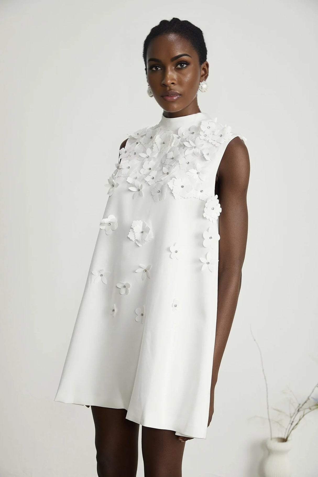 Alyssa Mini Dress White Faux - Flower Crystal Embellished Thigh - Length Hem